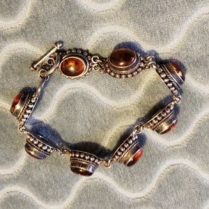 Vintage Sterling Silver Oval Amber Toggle Bracelet